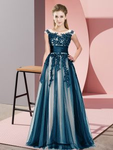 Sleeveless Floor Length Beading and Lace Zipper Quinceanera Dama Dress with Navy Blue