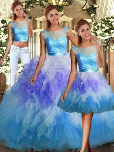 Multi-color Three Pieces Tulle Scoop Sleeveless Lace and Ruffles Floor Length Backless Quinceanera Gown