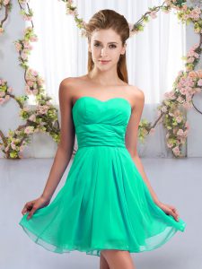 Luxurious Turquoise Empire Sweetheart Sleeveless Chiffon Mini Length Lace Up Ruching Dama Dress for Quinceanera