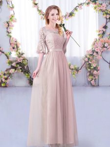 Fancy Tulle Half Sleeves Floor Length Court Dresses for Sweet 16 and Lace and Belt