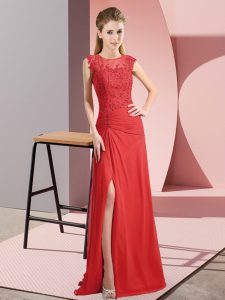 Fashionable Red Chiffon Zipper Scoop Sleeveless Floor Length Prom Gown Beading