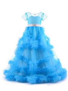 Trendy Floor Length A-line Short Sleeves Baby Blue Pageant Dress Toddler Backless