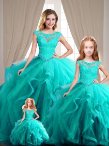 Chic Cap Sleeves Beading Lace Up Quinceanera Gowns with Aqua Blue