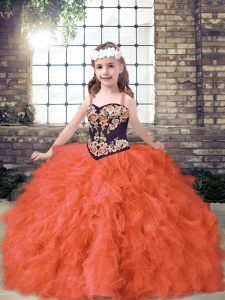 Orange Red Sleeveless Floor Length Embroidery and Ruffles Lace Up Pageant Dress for Womens