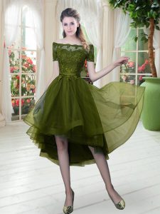 Clearance A-line Prom Party Dress Olive Green Off The Shoulder Tulle Short Sleeves High Low Lace Up