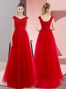 Eye-catching Tulle V-neck Short Sleeves Sweep Train Lace Up Beading and Lace Prom Dress in Red