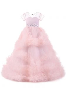 Elegant Tulle Short Sleeves Floor Length Winning Pageant Gowns and Beading and Ruffles
