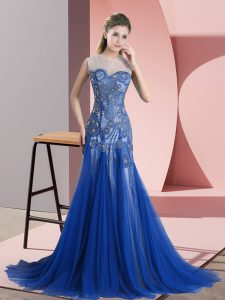Royal Blue Sleeveless Brush Train Beading and Appliques Prom Gown