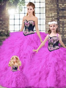 Exceptional Fuchsia Sweetheart Lace Up Beading and Embroidery Sweet 16 Dresses Sleeveless