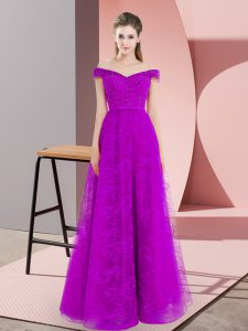Sleeveless Floor Length Lace Up Prom Dress in Purple with Beading and Lace