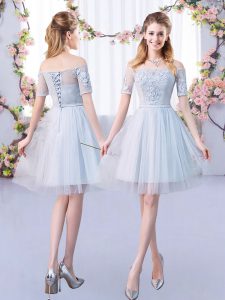 Grey Short Sleeves Mini Length Lace Lace Up Quinceanera Court Dresses