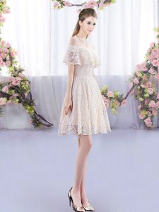 Champagne Lace Up Off The Shoulder Lace Wedding Party Dress Short Sleeves