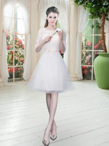 Designer A-line Prom Dresses White Scoop Tulle Half Sleeves Knee Length Lace Up