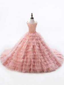 Sleeveless Beading and Ruffled Layers Lace Up Pageant Dress for Womens with Pink Court Train