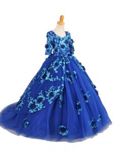 Classical Blue Ball Gowns Tulle V-neck Half Sleeves Beading and Appliques Zipper Pageant Dress for Girls Brush Train