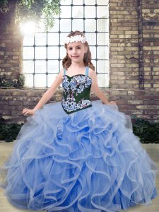 Light Blue Ball Gowns Tulle Straps Sleeveless Embroidery and Ruffles Floor Length Lace Up Pageant Dresses