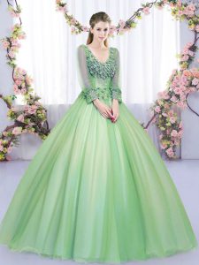 Tulle V-neck Long Sleeves Lace Up Lace and Appliques Sweet 16 Quinceanera Dress in Green