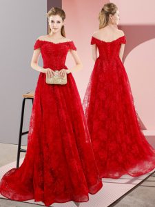 Off The Shoulder Sleeveless Evening Dress Sweep Train Beading and Lace Red Tulle