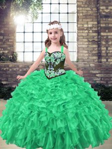 High Quality Green Ball Gowns Embroidery and Ruffles Custom Made Pageant Dress Lace Up Organza Sleeveless Floor Length