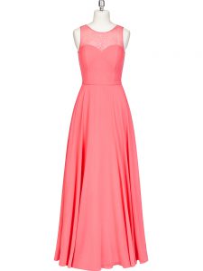 Luxury Floor Length Watermelon Red Prom Evening Gown Chiffon Sleeveless Lace and Belt