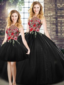 Delicate Black Quinceanera Gown Military Ball and Sweet 16 and Quinceanera with Embroidery Scoop Sleeveless Zipper