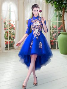Half Sleeves Zipper High Low Appliques Prom Party Dress