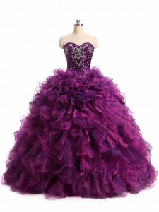 Smart Purple Ball Gowns Sweetheart Sleeveless Organza Floor Length Lace Up Beading and Ruffles Ball Gown Prom Dress