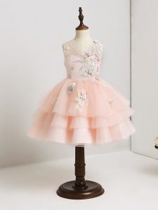 Pink Ball Gowns Tulle V-neck Sleeveless Appliques Mini Length Zipper Toddler Flower Girl Dress