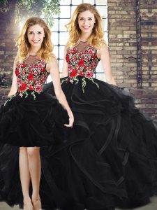 Scoop Sleeveless Zipper Embroidery and Ruffles 15th Birthday Dress in Black