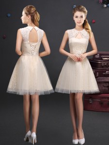 Admirable High-neck Sleeveless Tulle Bridesmaid Dresses Lace and Appliques and Belt Lace Up