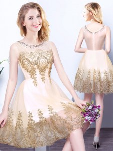 Scoop Champagne Sleeveless Tulle Zipper Quinceanera Dama Dress for Prom and Party and Wedding Party