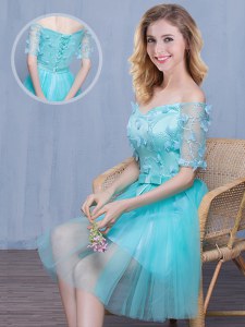 Glamorous Off the Shoulder Short Sleeves Lace and Appliques and Bowknot Lace Up Quinceanera Court of Honor Dress