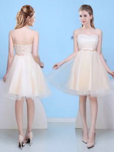 Champagne Sleeveless Tulle Lace Up Bridesmaid Dress for Prom and Party