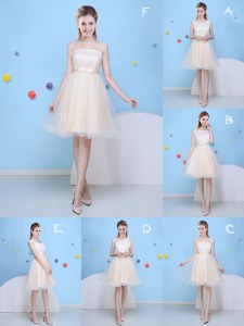 Champagne A-line Bowknot Bridesmaid Dress Lace Up Tulle Sleeveless Knee Length
