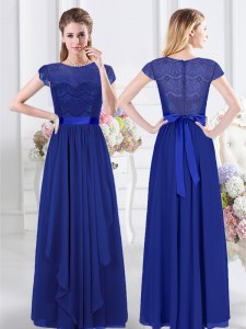 Spectacular Scoop Royal Blue Zipper Wedding Guest Dresses Lace and Belt Short Sleeves Floor Length