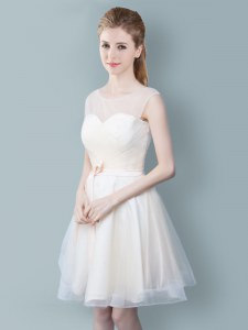 Champagne Empire Scoop Sleeveless Tulle Knee Length Zipper Ruching and Bowknot Bridesmaid Gown