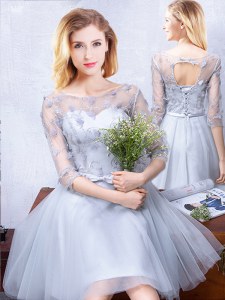 Scoop Knee Length Grey Damas Dress Tulle Half Sleeves Lace and Appliques and Belt
