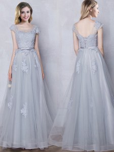 Grey Scoop Neckline Lace and Appliques and Belt Court Dresses for Sweet 16 Cap Sleeves Lace Up