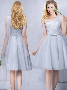Great One Shoulder Tulle Sleeveless Knee Length Quinceanera Court of Honor Dress and Lace and Appliques and Belt