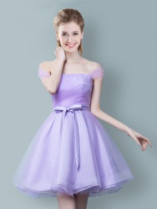 Off the Shoulder Ruching and Bowknot Wedding Party Dress Lavender Zipper Sleeveless Knee Length