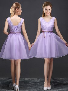Mini Length A-line Sleeveless Lavender Bridesmaid Dresses Lace Up