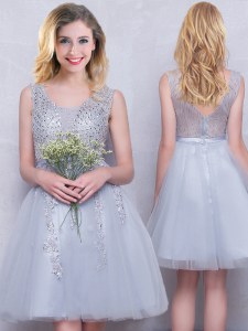 Fancy Scoop Sleeveless Mini Length Beading and Appliques Zipper Dama Dress with Grey