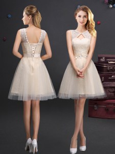 Best Selling Scoop Sleeveless Tulle Bridesmaids Dress Lace and Appliques and Belt Lace Up
