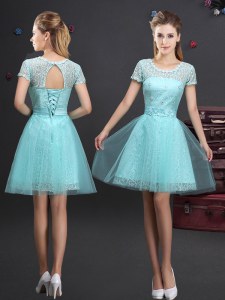 A-line Dama Dress for Quinceanera Aqua Blue Scoop Tulle Short Sleeves Mini Length Lace Up