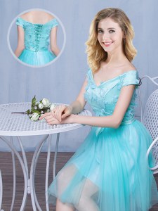 Aqua Blue Off The Shoulder Neckline Lace and Appliques and Bowknot Court Dresses for Sweet 16 Cap Sleeves Lace Up