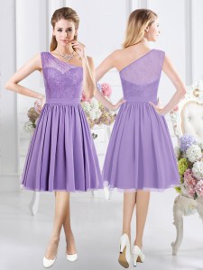 One Shoulder Sleeveless Side Zipper Knee Length Lace Dama Dress for Quinceanera