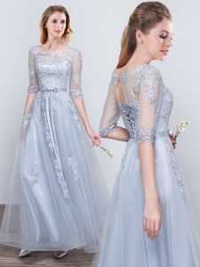 Scoop Short Sleeves Grey Lace Up Damas Dress Appliques and Belt Half Sleeves Floor Length