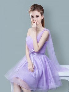 One Shoulder Lavender Empire Ruching and Bowknot Bridesmaid Dresses Zipper Tulle Sleeveless Knee Length