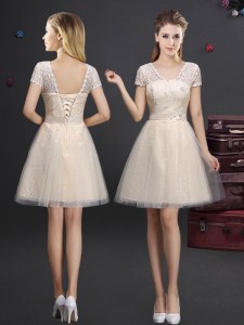 Latest Champagne Tulle Lace Up V-neck Short Sleeves Mini Length Bridesmaid Dress Lace and Appliques and Belt