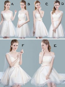 Lovely Champagne Straps Zipper Ruching and Bowknot Bridesmaid Gown Cap Sleeves
